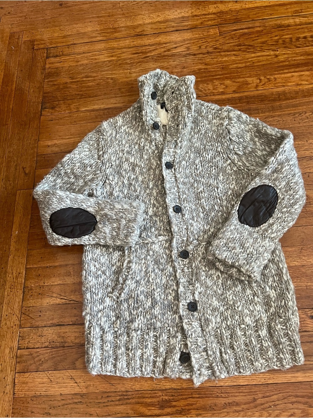 Banana Republic Marled Gray Knit Cardigan with Brown Elbow Patches